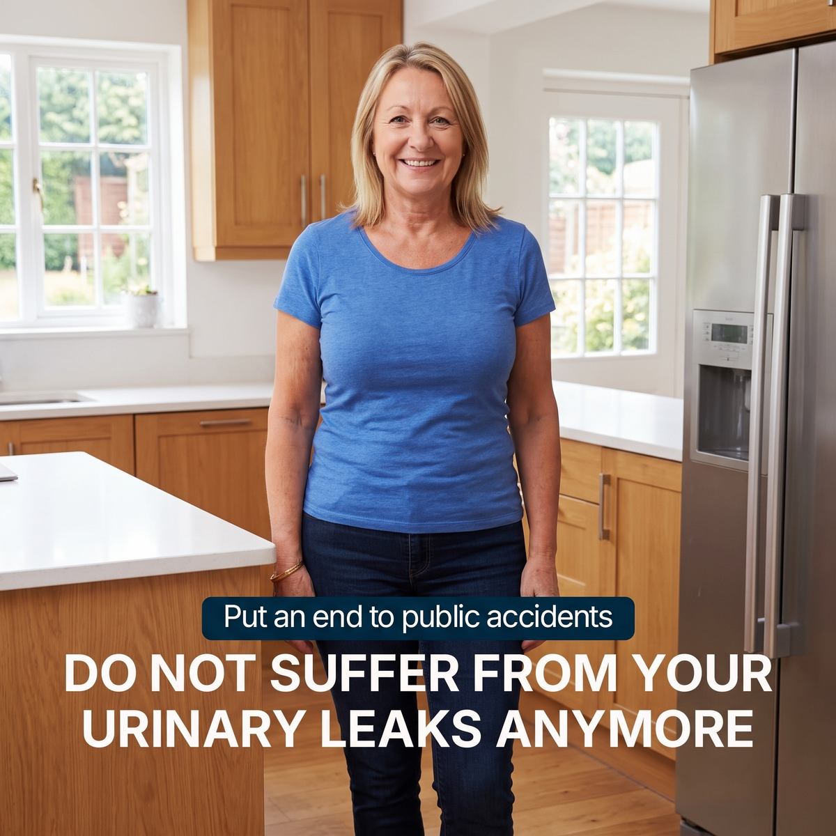 A smiling woman stands in a modern kitchen wearing a blue short-sleeve crewneck t-shirt and dark jeans. Large text overlays at the bottom read, 'Put an end to public accidents' and 'DO NOT SUFFER FROM YOUR URINARY LEAKS ANYMORE'.