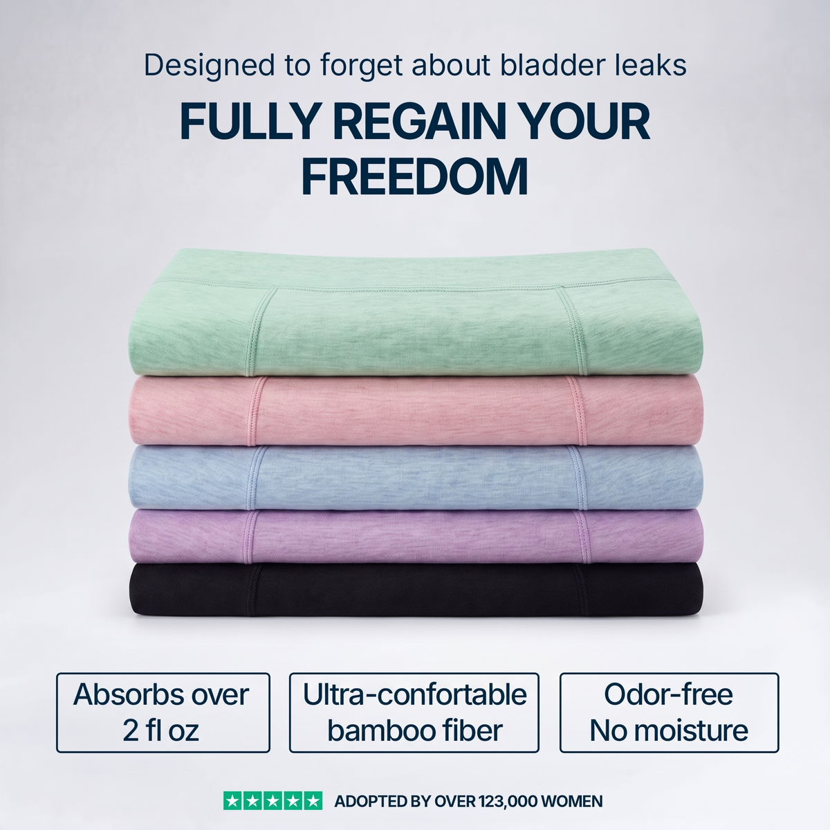 A stack of five folded fabric items in mint green, pink, light blue, lavender, and black on a light gray background, with marketing text above and feature callouts below.